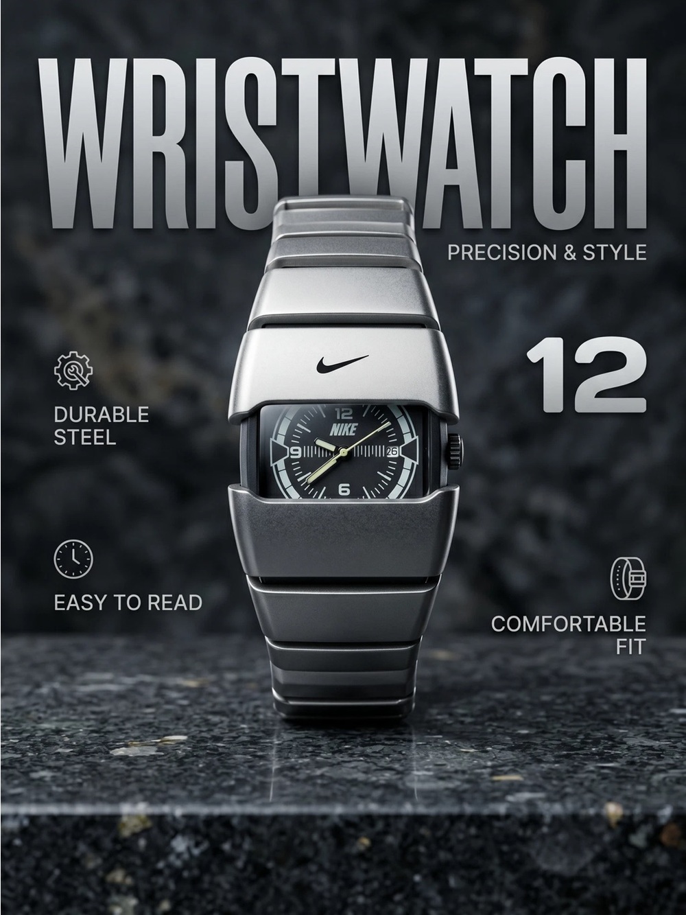 Nike Silver Stainless Steel Analog Wristwatch with Black Dial